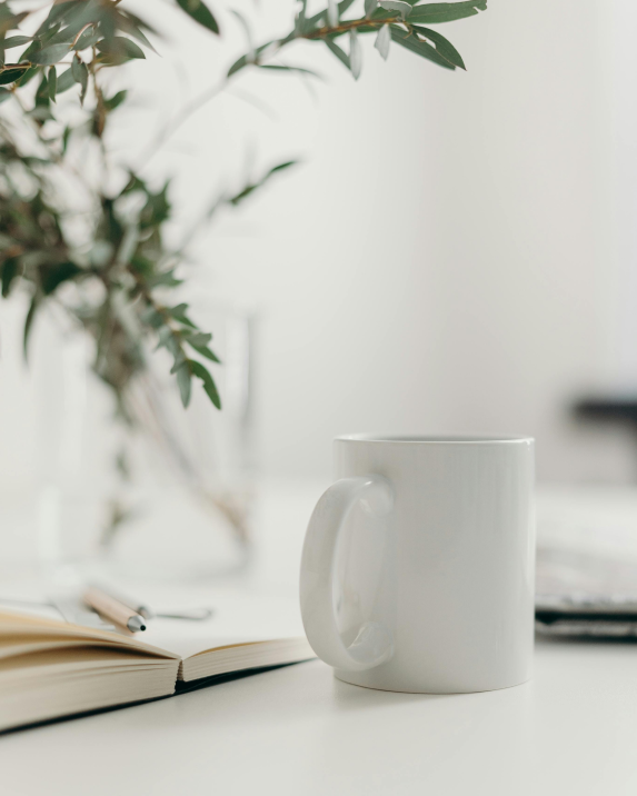 Ablauf Stimmungsbild mit eher ruhigen weiß und Grüntönen. Im Hintergrund sind grüne Pflanzen. Im Vordergrund steht eine Kaffeetasse und ein Notizblock.