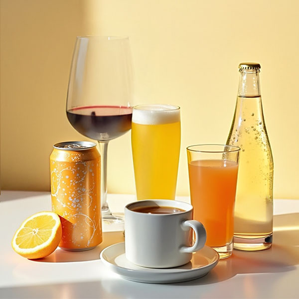 Variety of beverages including a glass of red wine, a frothy beer, a glass of orange juice, a cup of coffee on a saucer, a sparkling drink in a bottle, an orange soda can, and a halved orange on a light surface.
