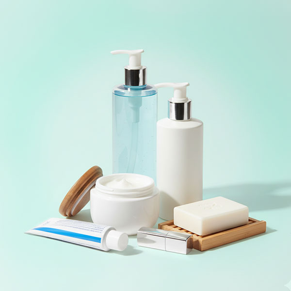 Arrangement of personal care products including two pump bottles, a jar of cream with lid, a tube, a lipstick, and a bar of soap on a wooden tray against a light blue background.