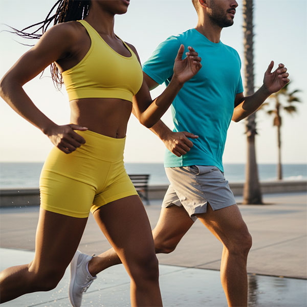 Man in turquoise shirt and gray shorts running beside woman in yellow sports bra and shorts near palm trees and ocean.