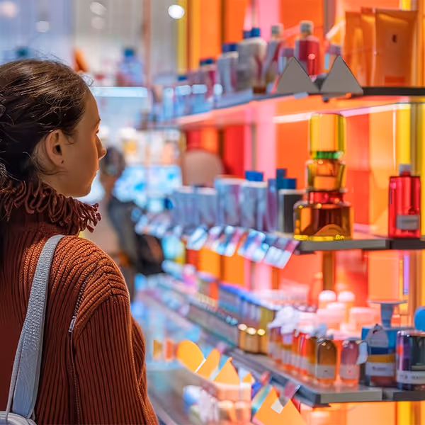 Woman in a rust-colored sweater browsing skincare and beauty products on lit retail shelves.