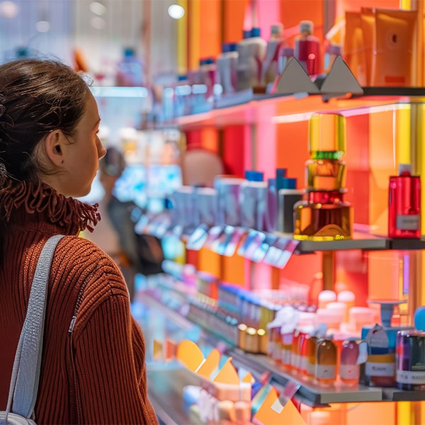 Woman in a rust-colored sweater browsing skincare and beauty products on lit retail shelves.