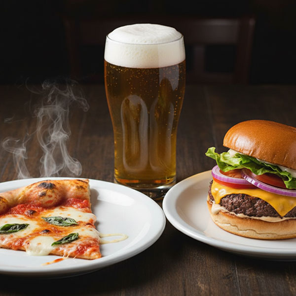 Slice of Margherita pizza with basil on a white plate, cheeseburger with lettuce, tomato, and onions on a white plate, and a pint of beer on a wooden table.