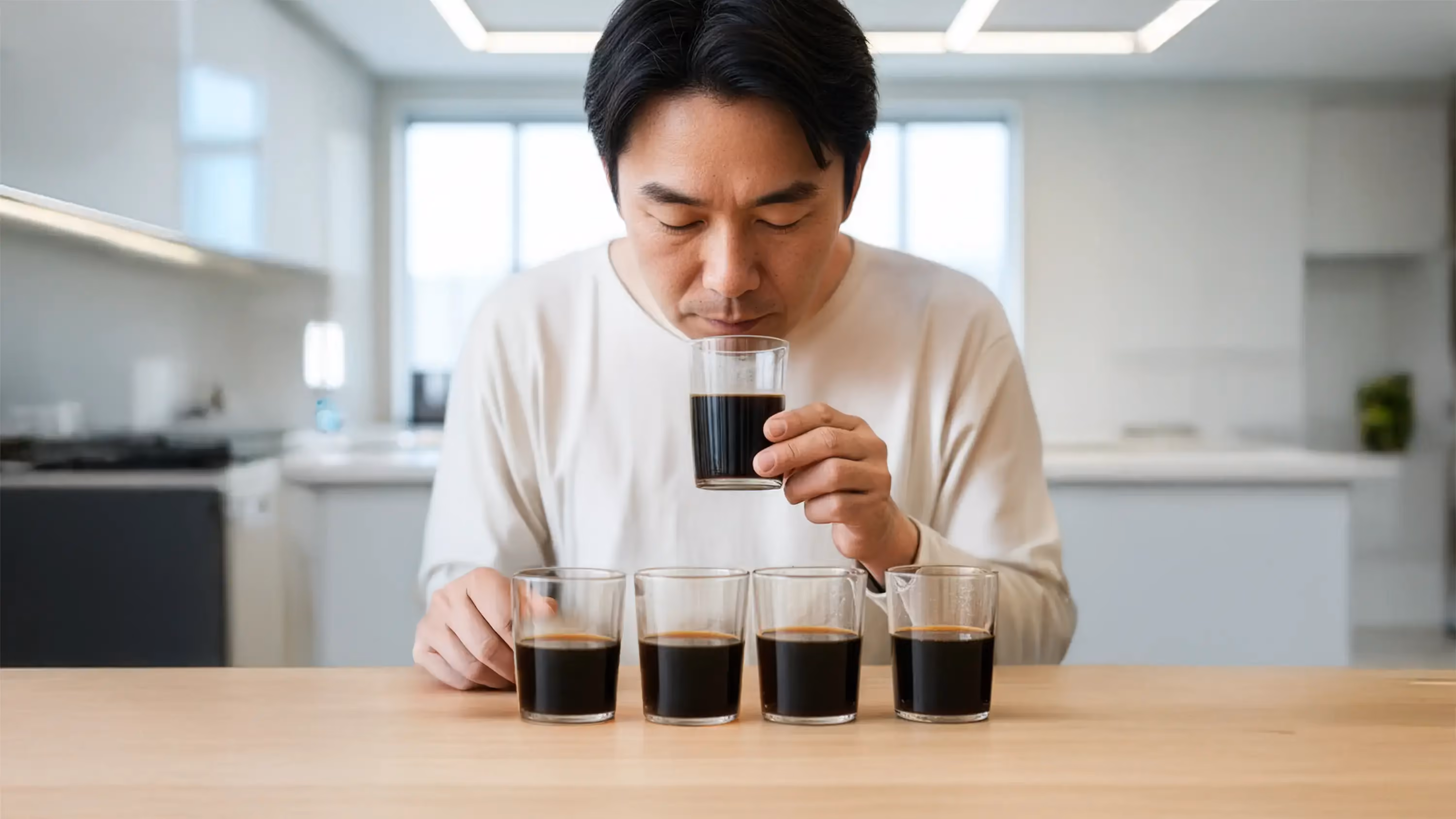 Man testing 5 different coffee samples.
