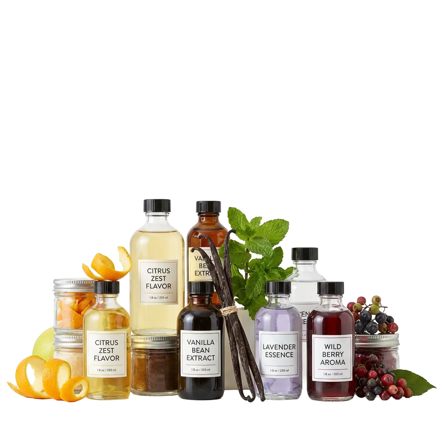Assorted flavor and aroma bottles including citrus zest flavor, vanilla bean extract, lavender essence, and wild berry aroma, accompanied by fresh herbs, vanilla pods, and fruit.