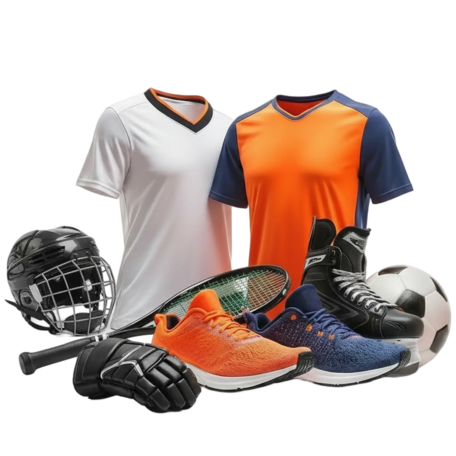 Various sports equipment including a white and black helmet, two sports jerseys, a tennis racket, orange and blue running shoes, black hockey gloves, black ice skates, and a soccer ball.