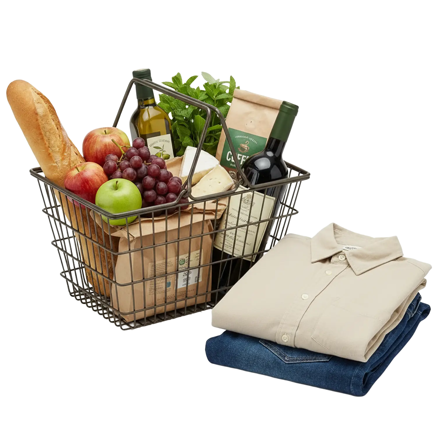 Shopping basket filled with bread, apples, grapes, cheese, olive oil, coffee, wine, and fresh herbs next to folded beige shirt and blue jeans.