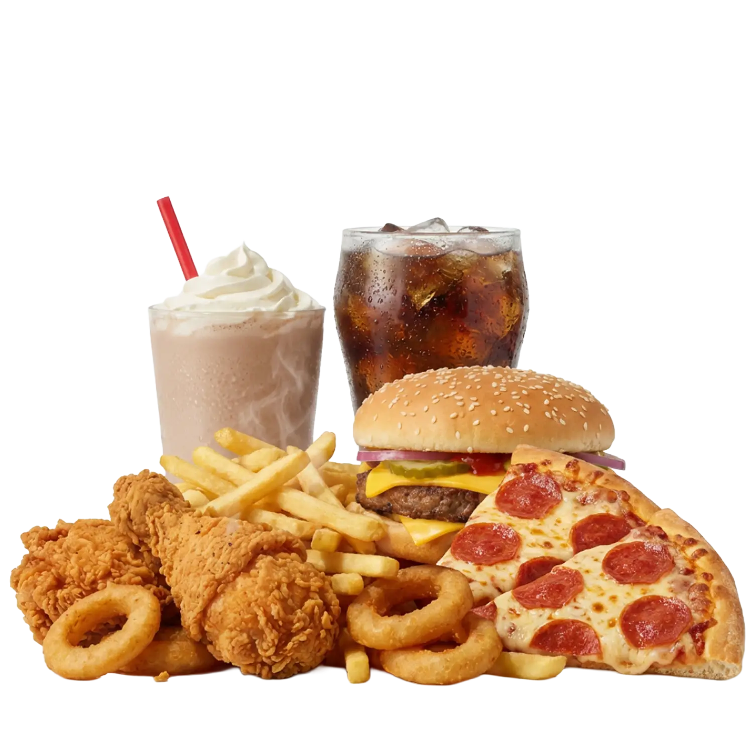 Fast food meal featuring fried chicken drumsticks, onion rings, French fries, cheeseburger, pepperoni pizza slices, a chocolate milkshake with whipped cream, and a glass of cola with ice.