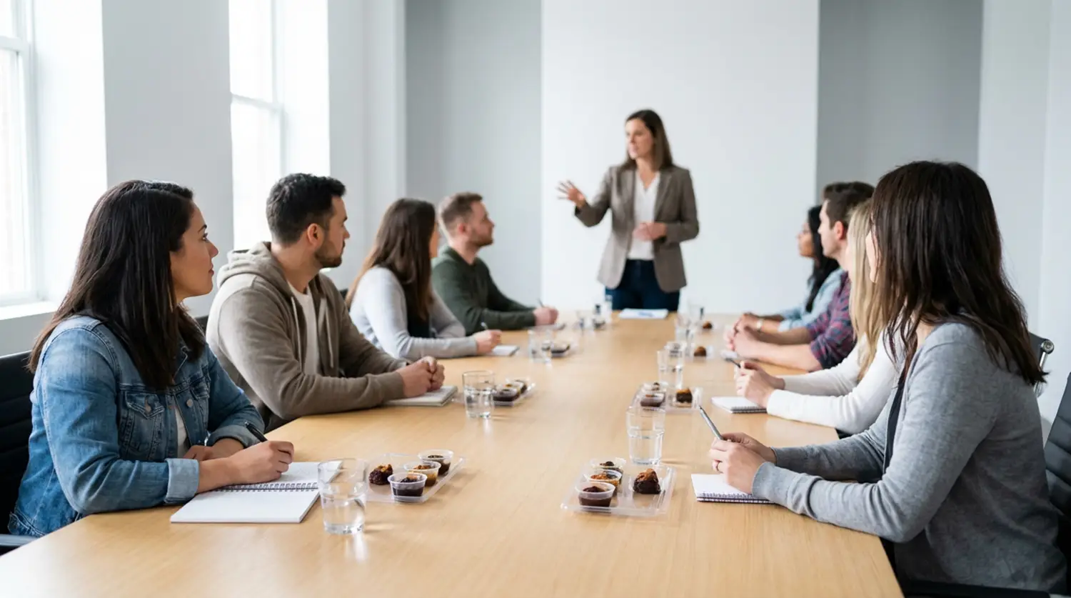 A woman standing and speaking to a group of eight colleagues seated at a long conference table with notebooks and snacks.