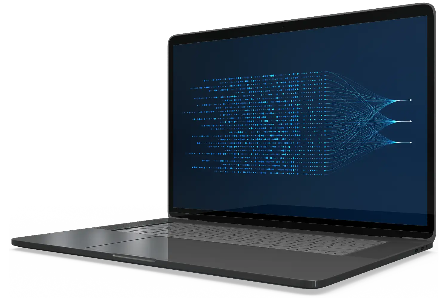 Modern laptop displaying a data visualization with interconnected blue dots and lines on the screen.