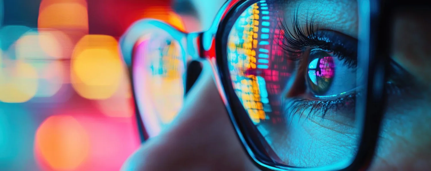 Close-up of a person's eye behind glasses reflecting colorful digital code and data visuals.