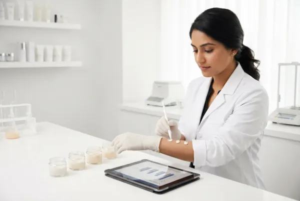 Scientist in a white lab coat testing creams her arm in a modern lab. There is a tablet nearby.