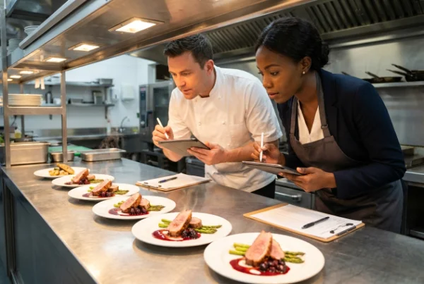 Chef and quality team member inspecting plated dishes and taking notes in a professional kitchen.