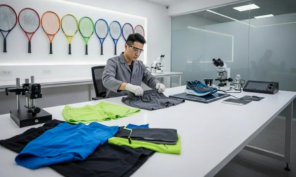 A product tester wearing gloves and glasses inspecting the texture of athletic apparel in a lab with a row of colorful tennis rackets mounted on the wall.