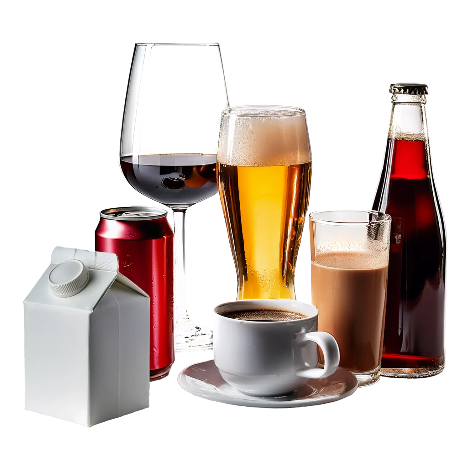 Various beverages including a milk carton, a red soda can, a glass of red wine, a glass of beer, a cup of coffee, a glass of chocolate milk, and a bottle of soda.