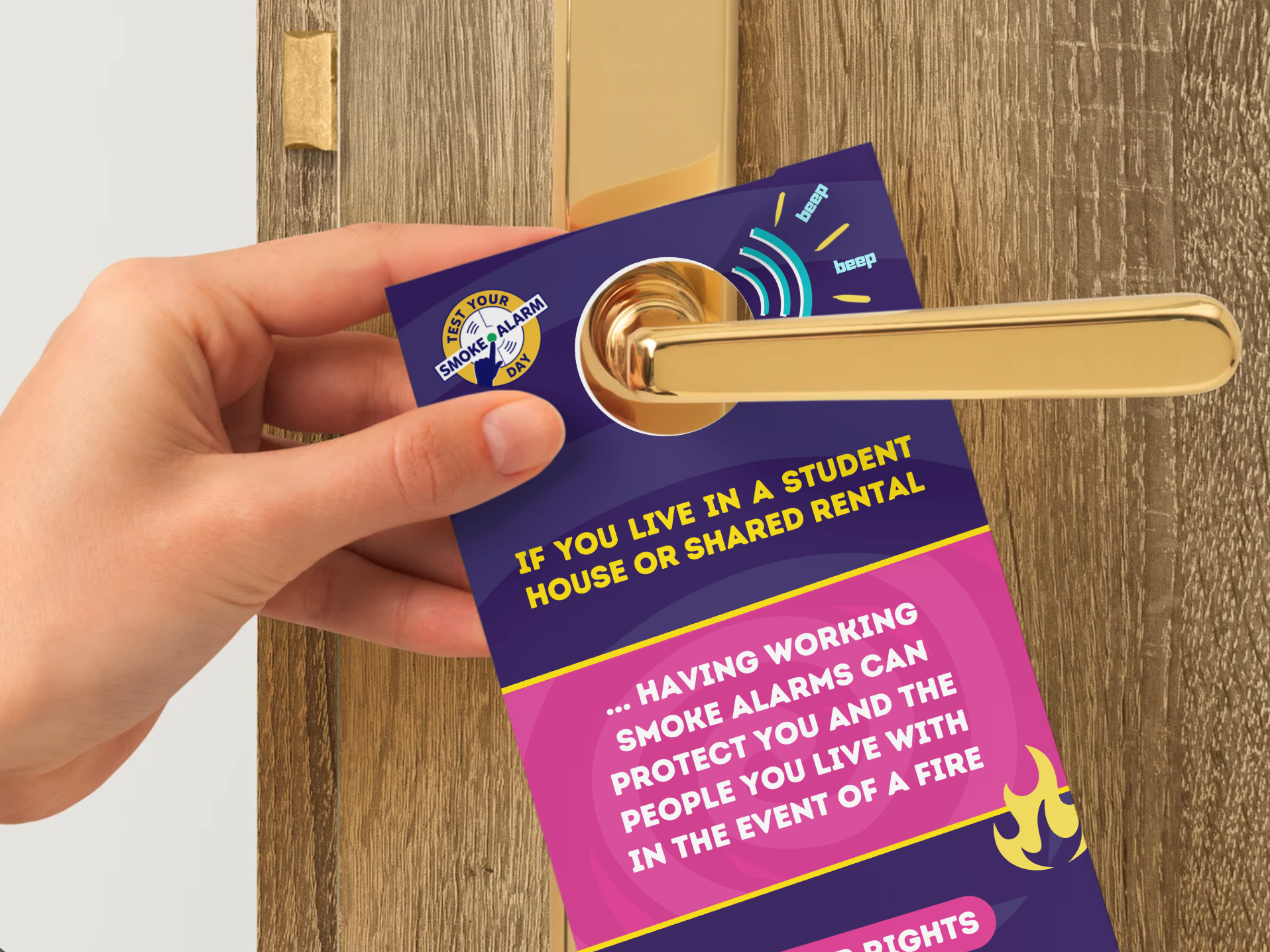 Saved By the Beep Campaign Door Hanger being placed on door knob