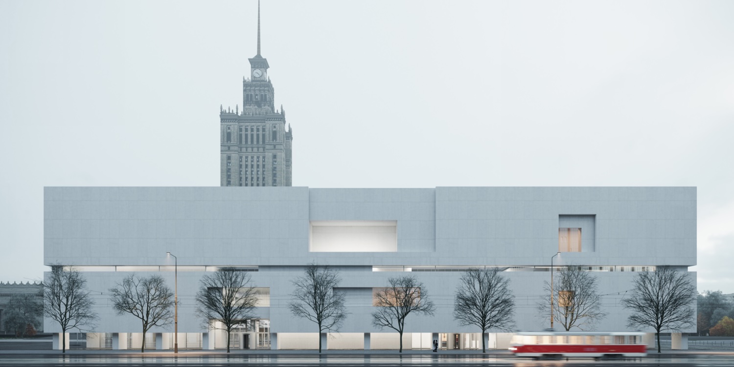 Front view of the Warsaw Museum of Modern Art, a minimalist white rectangular building with large cut-out windows, designed by Thomas Phifer and Partners. A red tram passes in front, and the Palace of Culture and Science is visible in the background.
