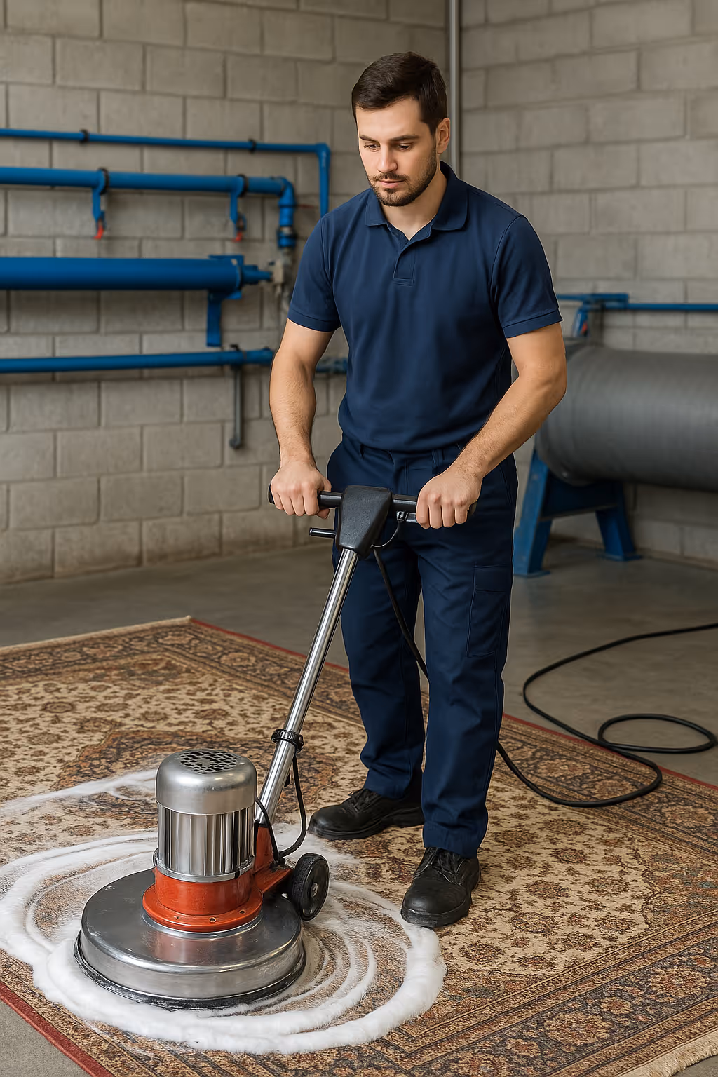 Radnik pere industrijskom masinom dubinski tepih u servisu u Rakovici