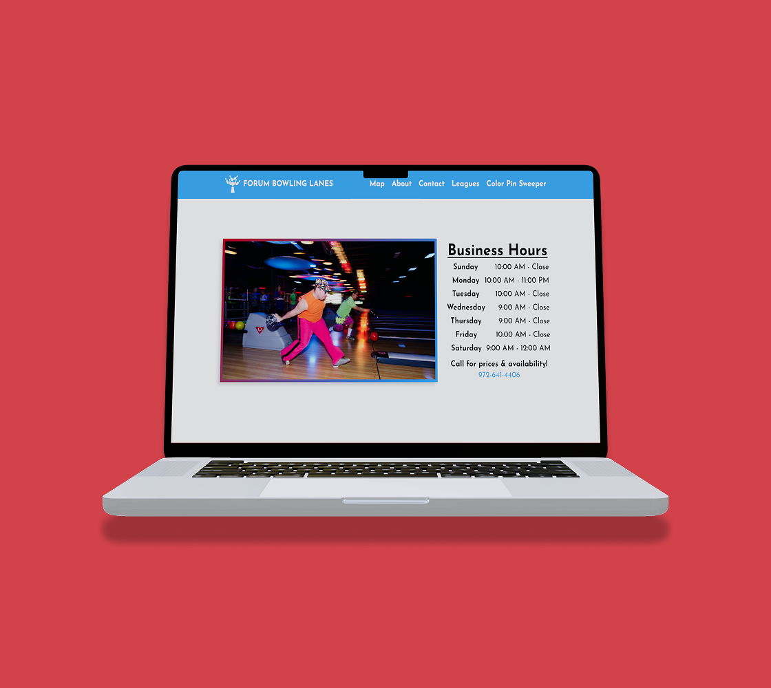 Forum bowling home page on a laptop mockup.