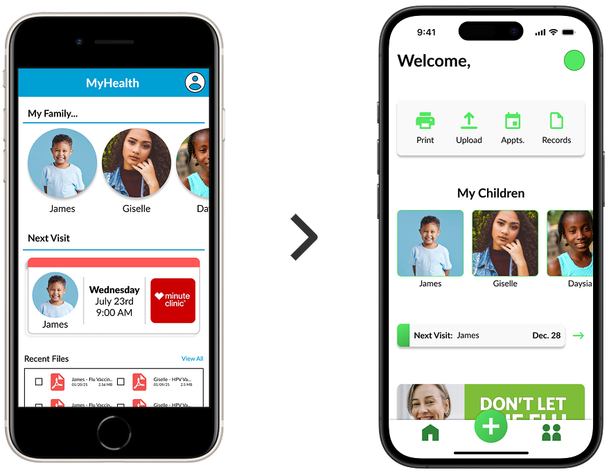 Side-by-side comparison of two mobile health app interfaces showing family member profiles, next visit details, and recent files in the first and a cleaner, modern design with options to print, upload, view appointments, and records, featuring the same children’s photos and next visit date in the second.