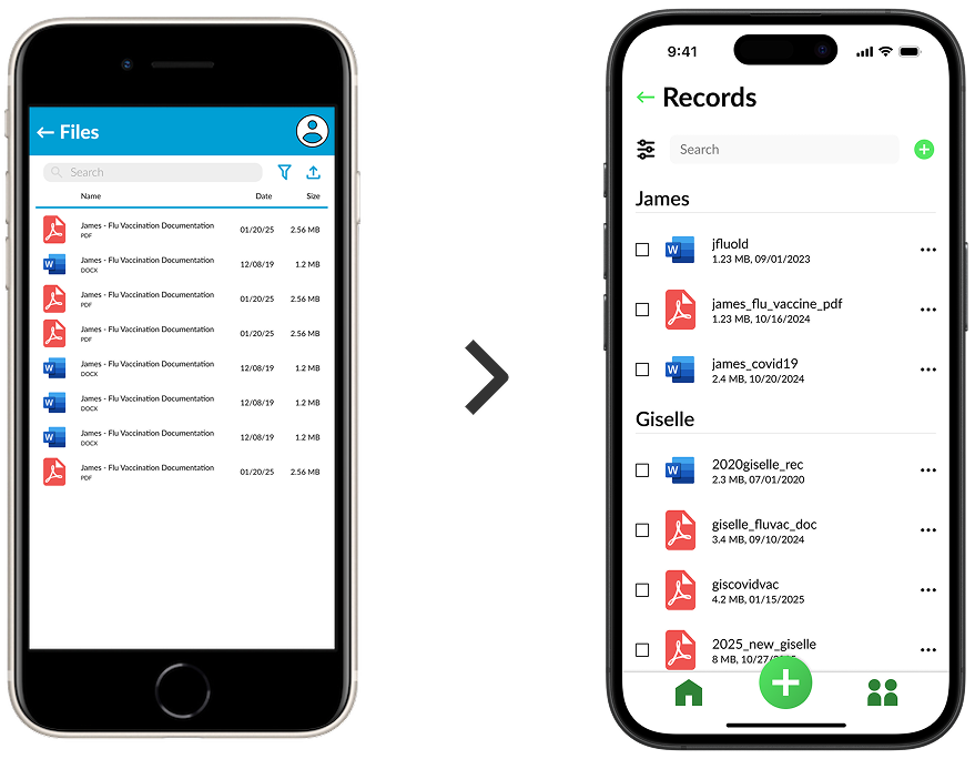 Side-by-side comparison of two mobile screens showing file records; the left screen displays a basic file list with icons, names, dates, and sizes, while the right screen shows an upgraded, modern interface with categorized records by person, search bar, filter, and action buttons at the bottom.