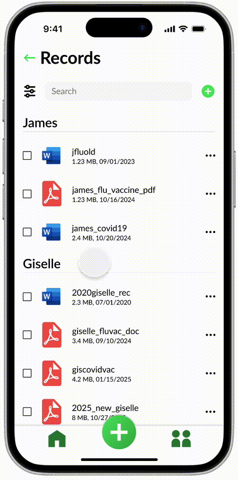 Mobile app screen displaying a records list with documents under names James and Giselle, showing file types, sizes, and dates.