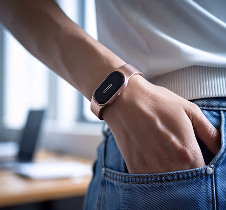 A rose gold model of kinetiq's wearable worn on someone's wrist.