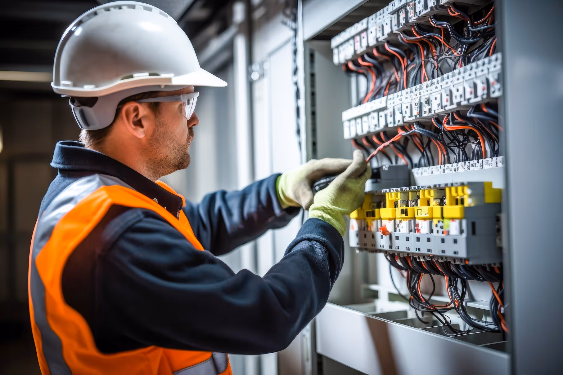 Electrician connecting wires in a breaker panel.