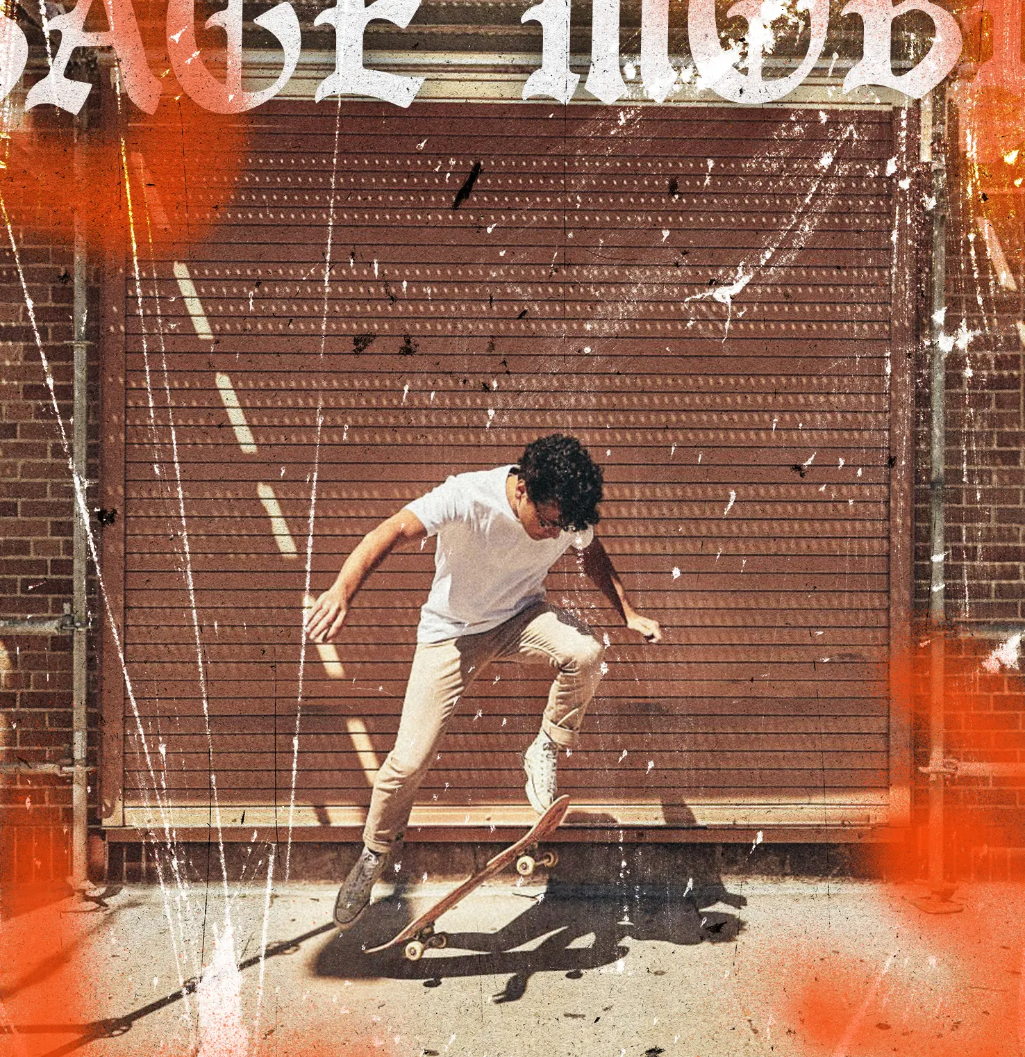 Young teen riding skateboard in city