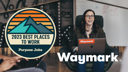 Waymark employee and a 2023 best places to work badge