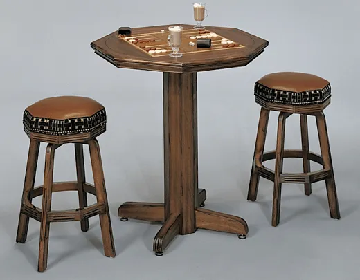 standing chess table with leather stools