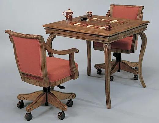 backgammon table with two red chairs