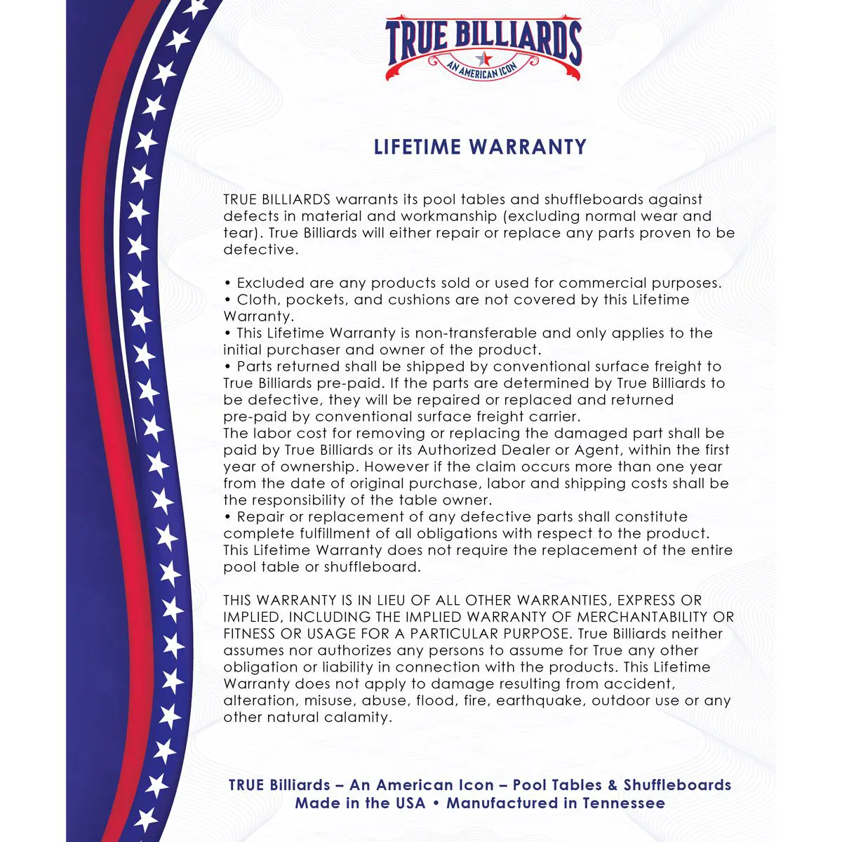 True Billiards lifetime warranty