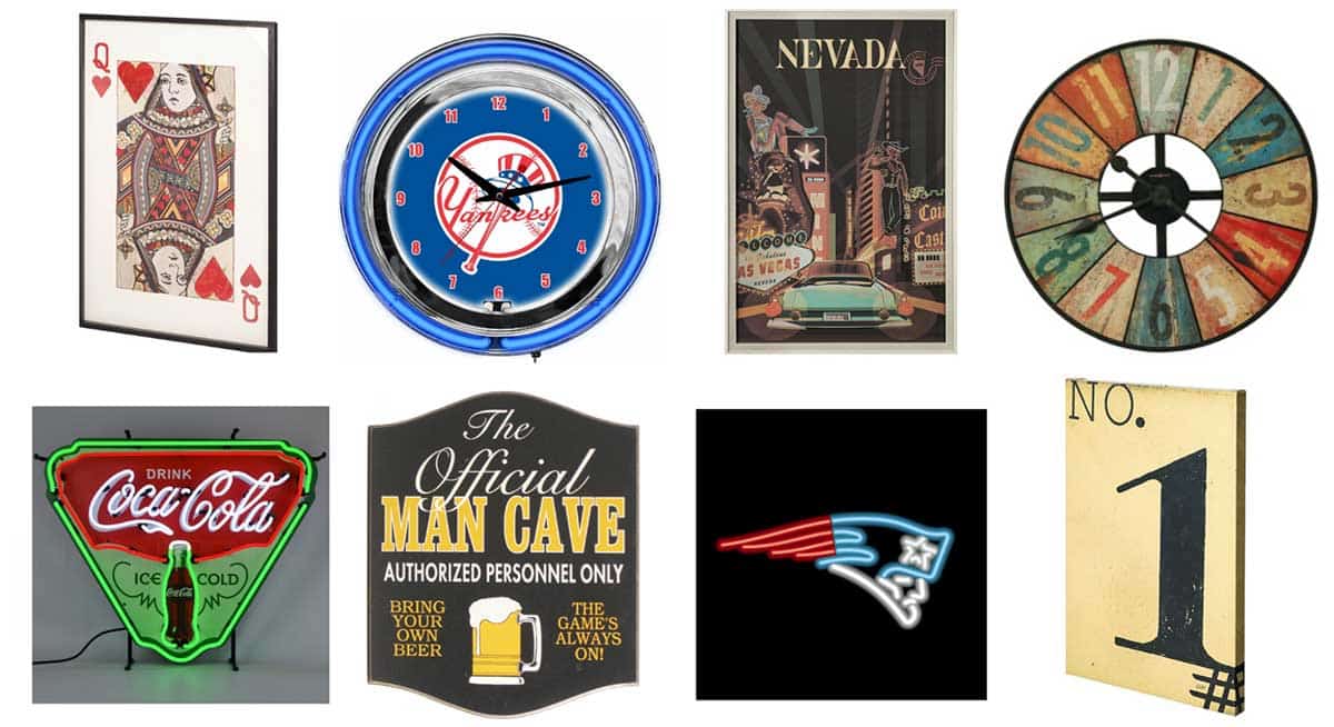 a bunch of wall decor for your game room