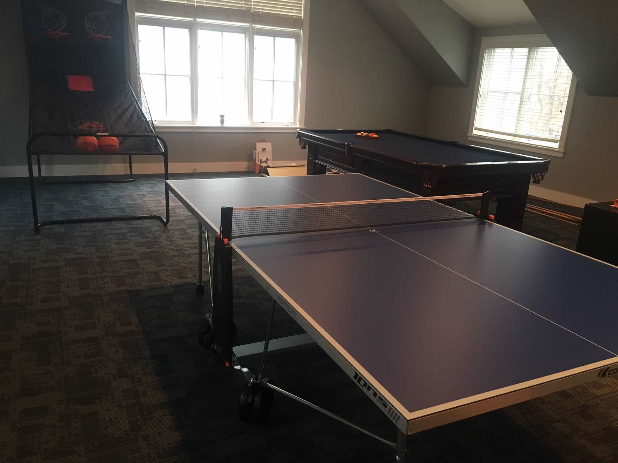indoor basketball, pool table and cornilleou ping pong table tennis game room