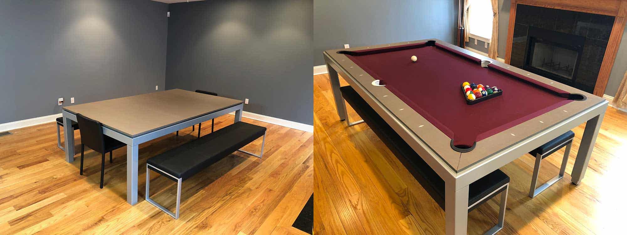 red maroon pool table with conversion top
