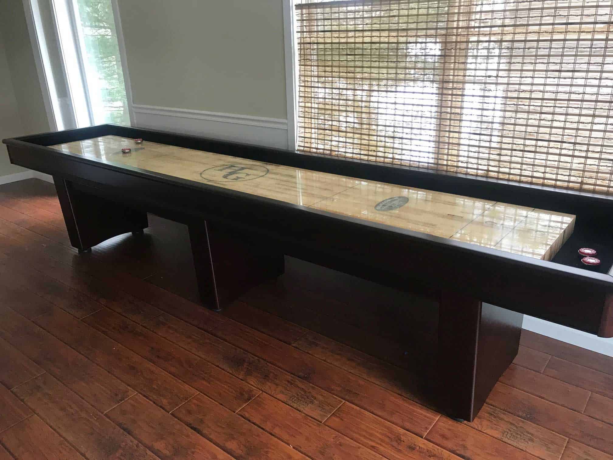 shuffleboard on a hardwood floor