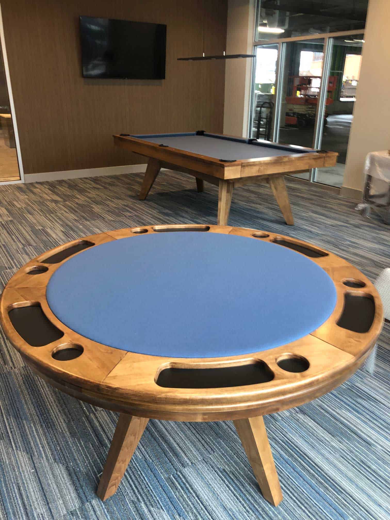 blue felt poker table and a pool table in fairfield ct