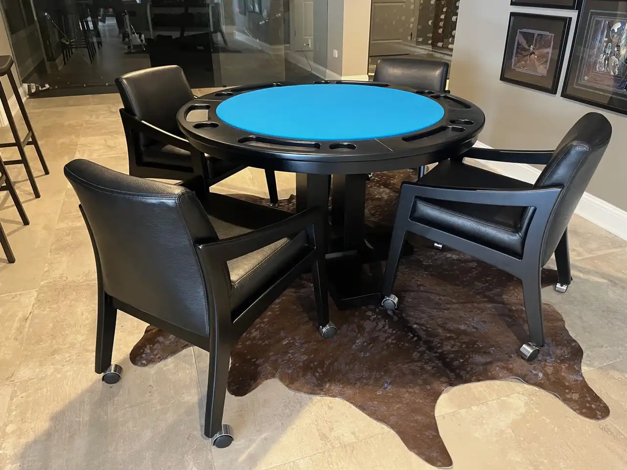 blue felt card poker table