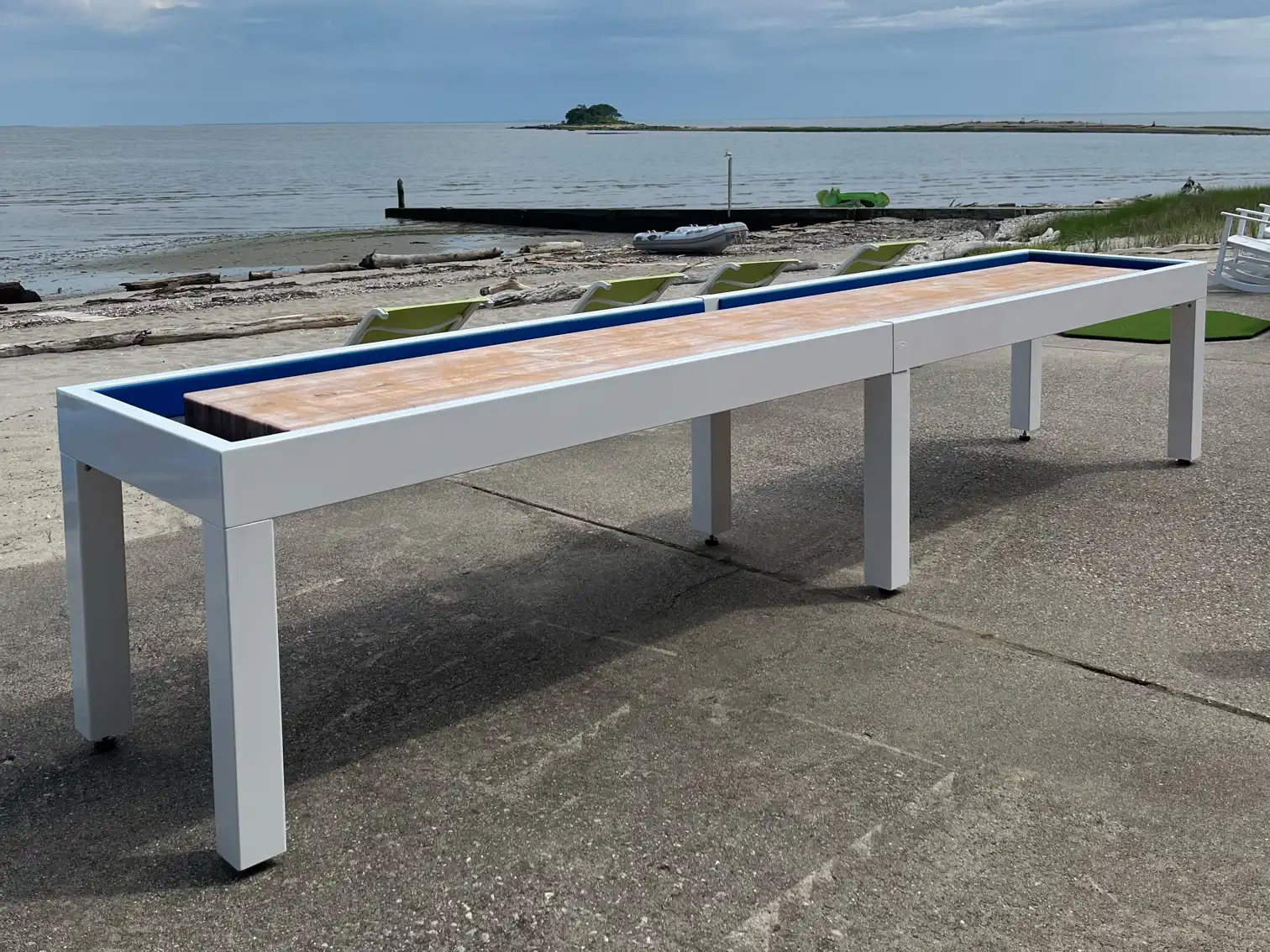 outdoor shuffleboard table on the beach in westbrook, ct.