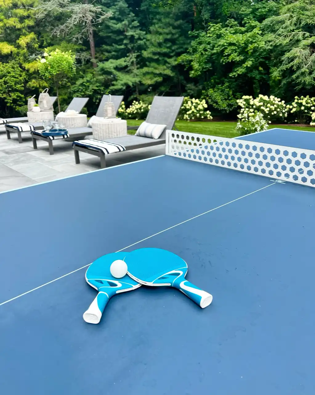 blue outdoor ping pong table with blue paddles