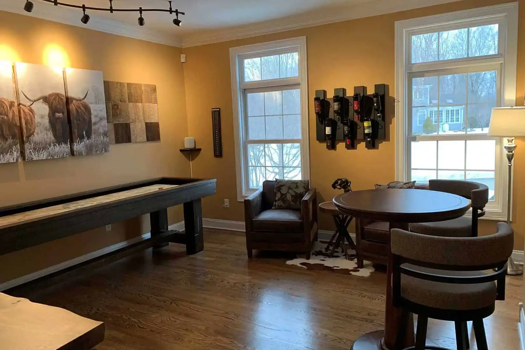 shuffleboard table on the side of a room with a wine rack and couch