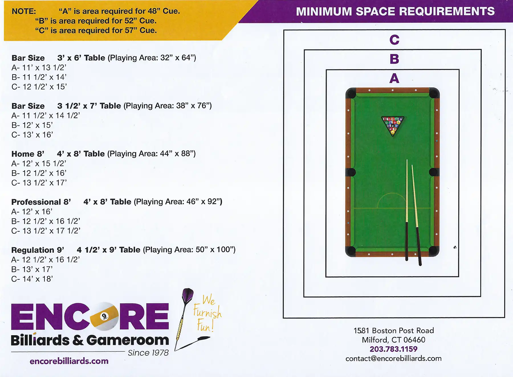 room sizing chart and space requirements for pool tables