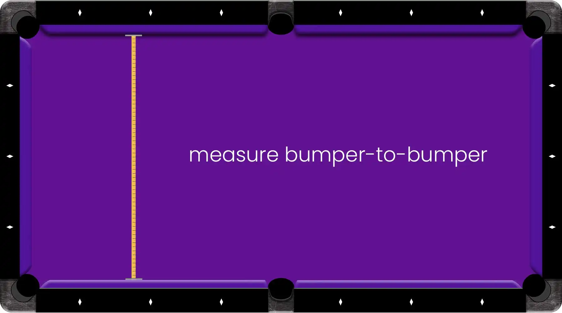 How to measure a pool table with 'measure bumper to bumper' written inside, indicating how to measure a pool table accurately.