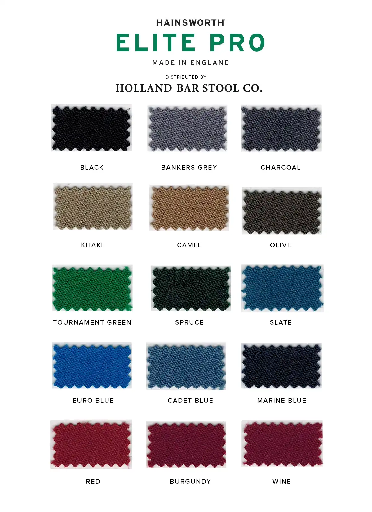 Hainsworth Elite Pro pool table cloth color swatches