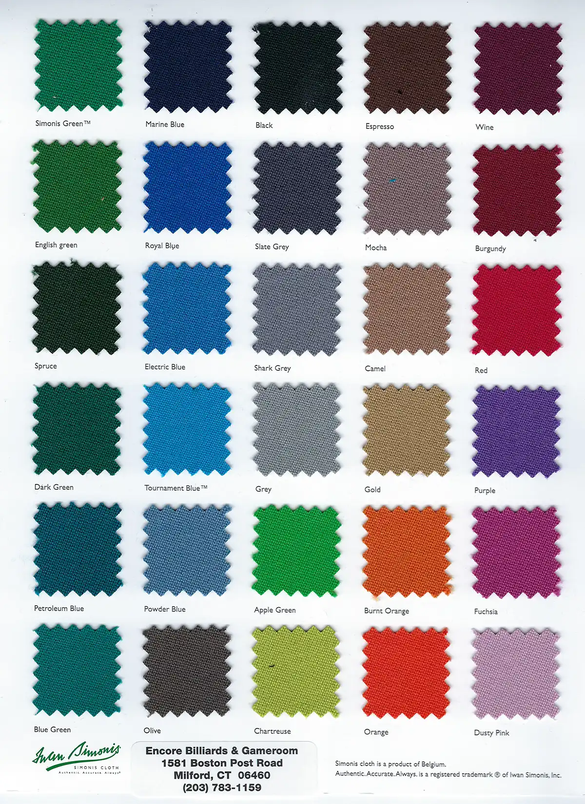 Simonis Cloth pool table cloth color swatches