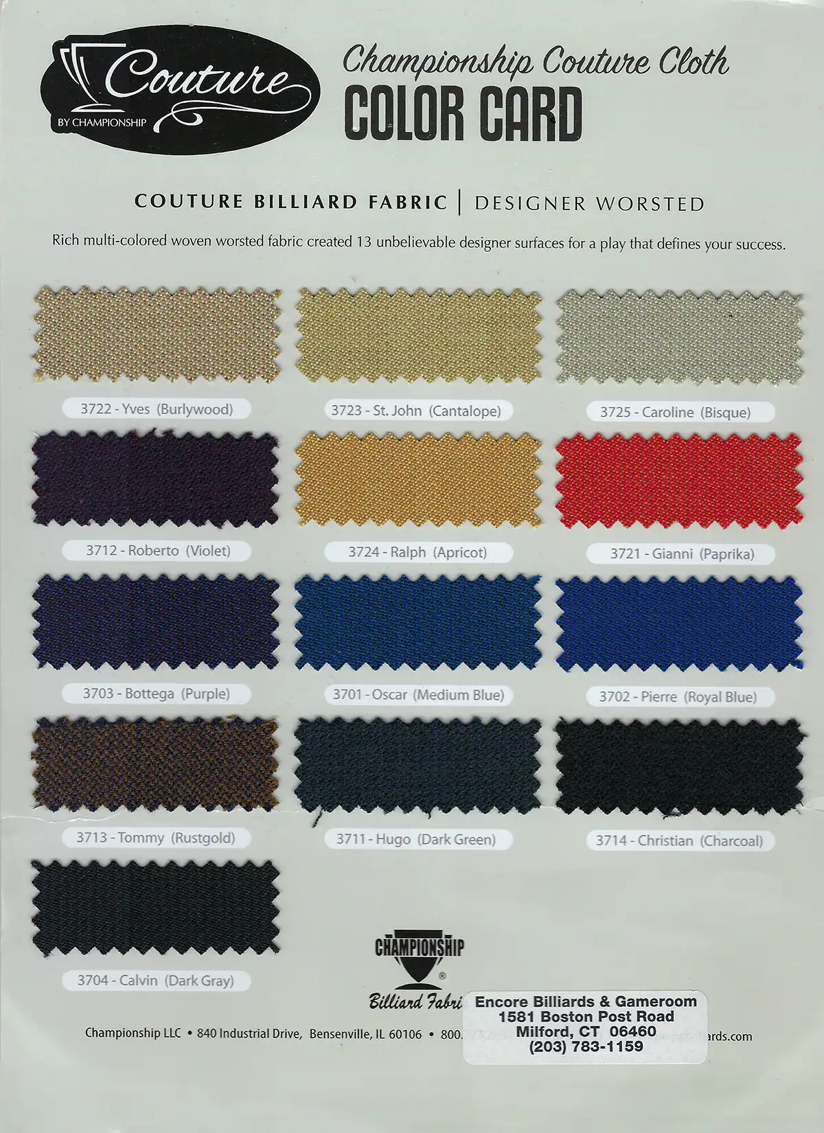 Couture by Championship pool table cloth color swatches
