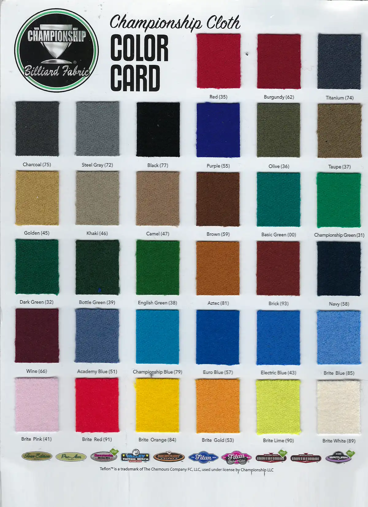 Titan Championship Billiard Fabric pool table cloth color swatches
