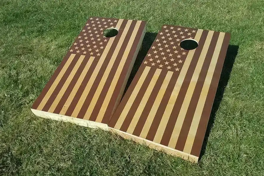 Custom pair of cornhole boards featuring American flag design.