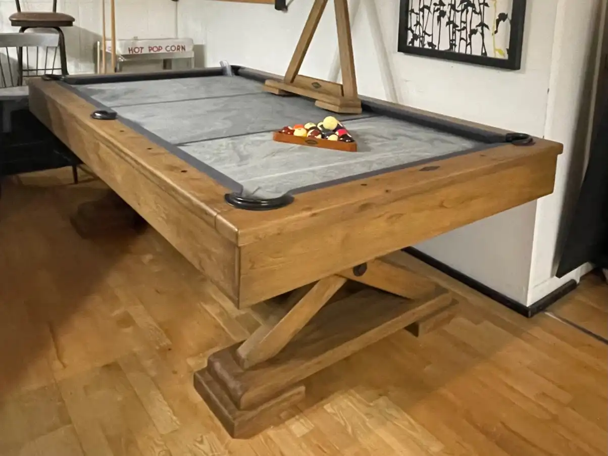 Brunswick Brixton 8' pool table w/ matching rack, table has rustic look, excellent cond. Includes: some equipment and color choice of new Titan 21oz cloth